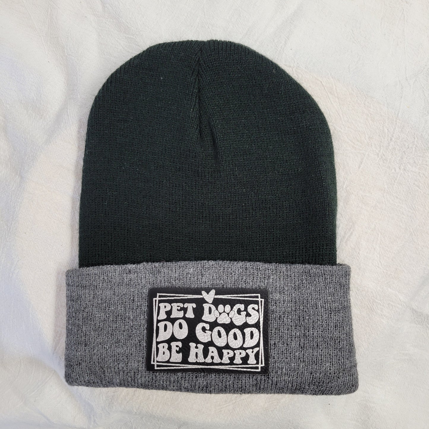 Beanies with pet quote patches