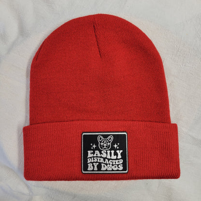 Beanies with pet quote patches