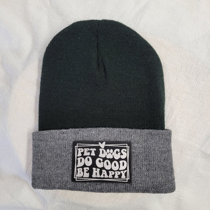 Beanies with pet quote patches