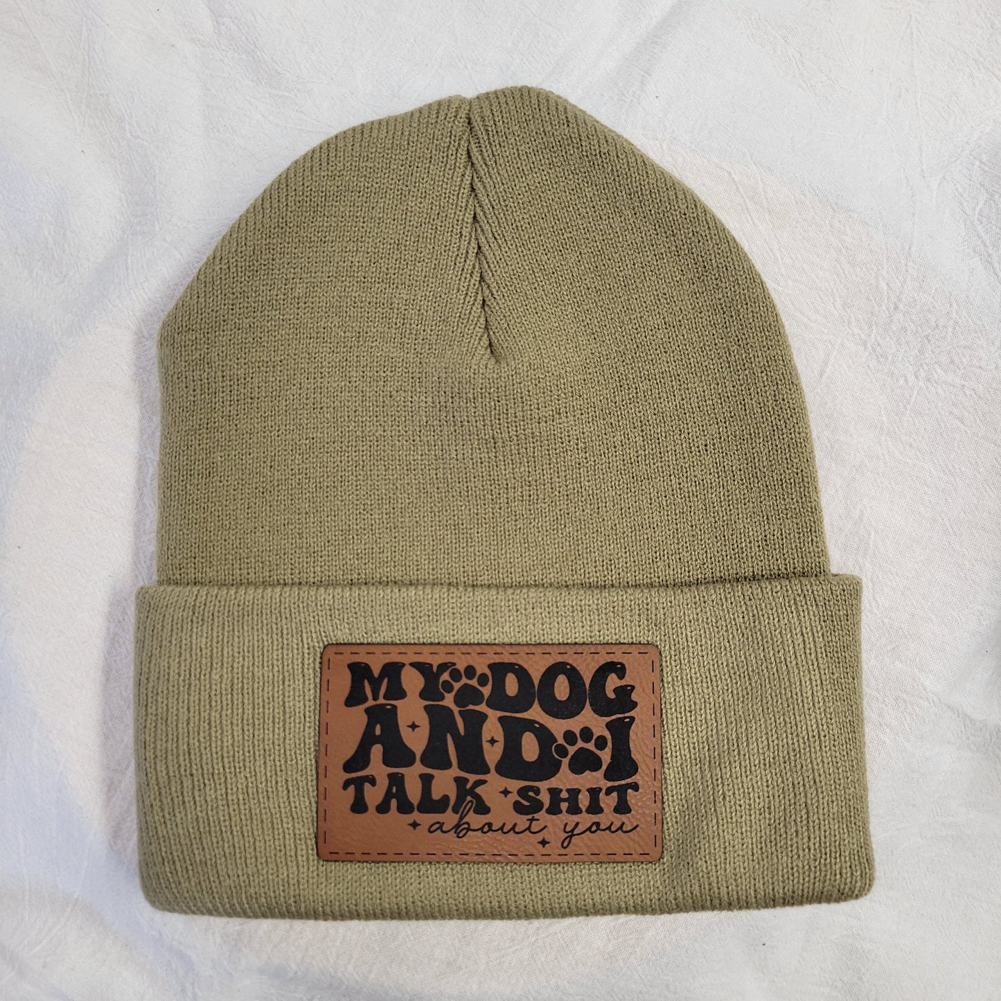 Beanies with pet quote patches