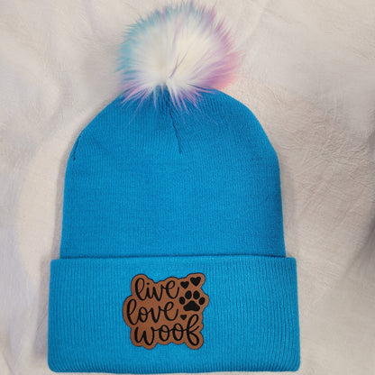 Beanies with pet quote patches