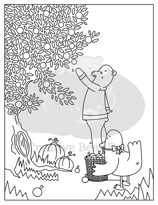 Bear and Duck Fall Coloring Page - Digital Download