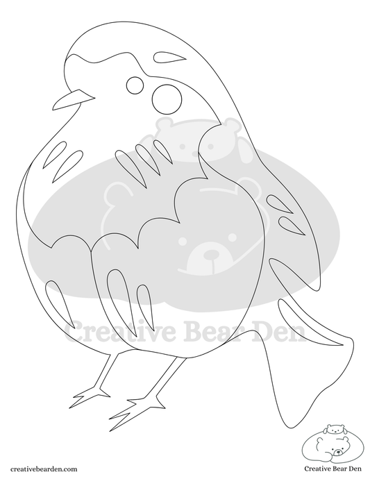 Black and white line drawing of a cartoon character with a bear-like face and bird-like body on a white background.